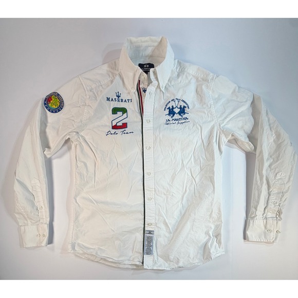 La Martina Maserati Polo Team Shirt Mens Medium White Long Sleeve Button Down